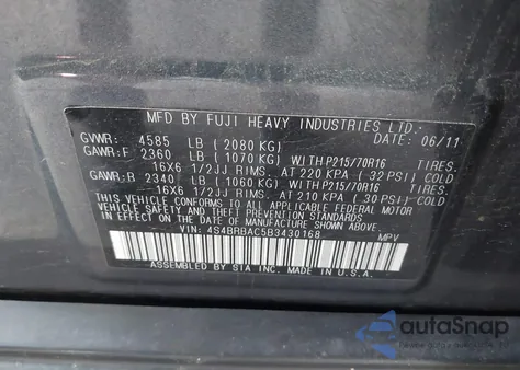 2011 Subaru Outback 2.5I from USA, damaged, VIN 4S4BRBAC5B3430168